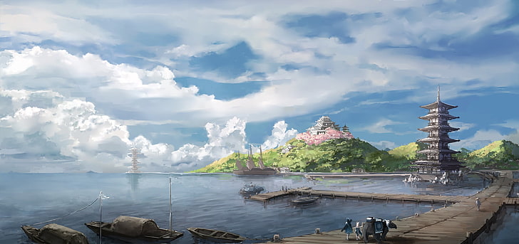 kastil dan badan lukisan air, anime, lanskap, arsitektur Asia, pelabuhan, pelabuhan, Wallpaper HD