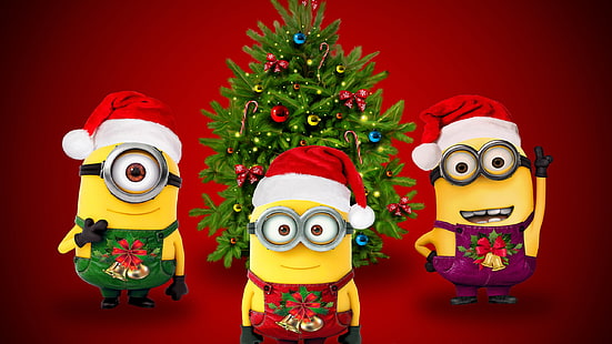 세 미니언 캐릭터 바탕 화면, 크리스마스, 미니언, HD 배경 화면 HD wallpaper