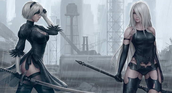 два женских персонажа с мечами цифровые обои, 2B, Nier: Автоматы, A2 (Nier: Автоматы), 2B (Nier: Автоматы), Мирко Каббия, меч, дождь, белые волосы, NieR, женщины, HD обои