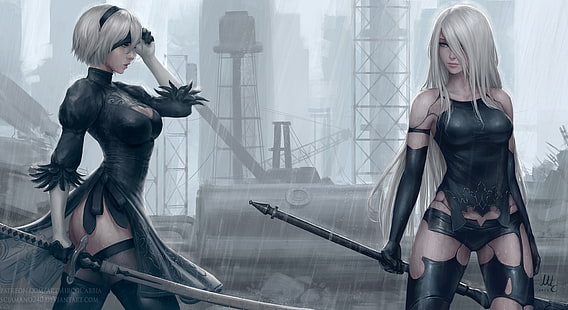 два женских персонажа с мечами цифровые обои, 2B, Nier: Автоматы, A2 (Nier: Автоматы), 2B (Nier: Автоматы), Мирко Каббия, меч, дождь, белые волосы, NieR, женщины, HD обои HD wallpaper