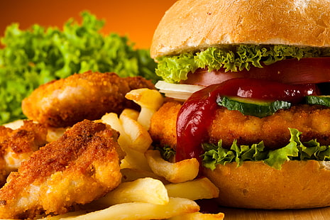 hamburger and french fries, hamburger, French fries, Fast food, Chicken Nuggets, HD wallpaper HD wallpaper