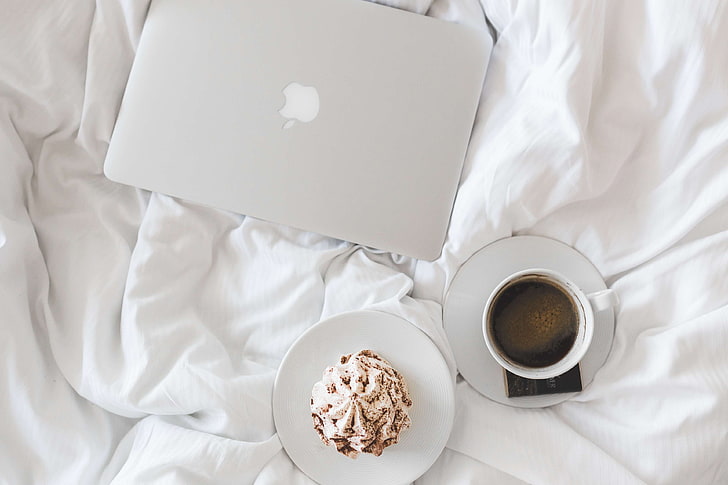 apple, bed, bedroom, break, breakfast, cake, clean, coffee, computer, cup, drink, home, laptop, learning, lifestyle, macbook, minimal, morning, read, study, success, tech, technology, top view, white, work, HD wallpaper