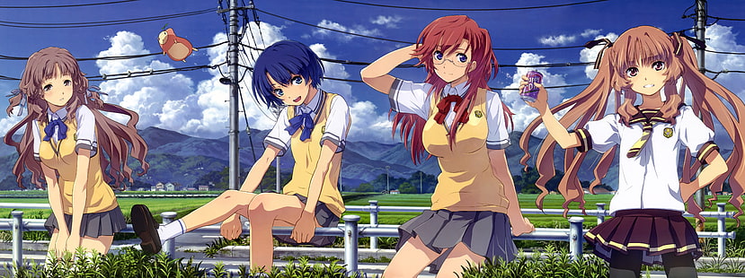 meninas anime, uniforme escolar, colegial, grupo de mulheres, campo, HD papel de parede HD wallpaper