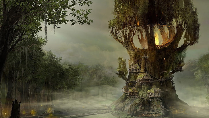 sztuka fantasy, krajobraz, drzewa, Tapety HD
