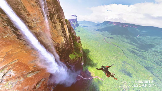 hombre paracaidismo cerca de la ladera con nubes, liquidez, espacio, cielo, colorido, saltos, paracaidismo, Fondo de pantalla HD HD wallpaper