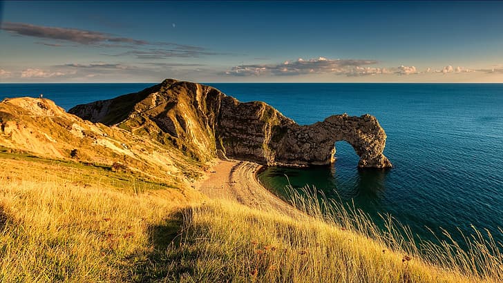 césped, playa, cielo, mar, paisaje, naturaleza, agua, nubes, rocas, arena, Inglaterra, Dorset, arco, acantilado, Durdle Door, Fondo de pantalla HD