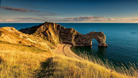 erba, spiaggia, cielo, mare, paesaggio, natura, acqua, nuvole, rocce, sabbia, Inghilterra, Dorset, arco, scogliera, Durdle Door, Sfondo HD HD wallpaper