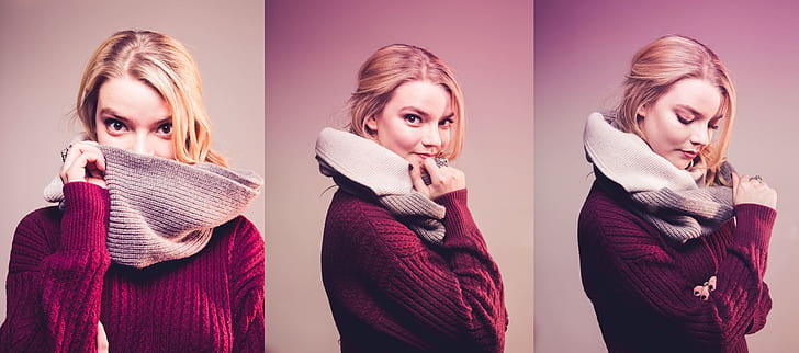 Anya Taylor-Joy, actriz, mujeres, fondo simple, collage, rubia, suéter, bufanda, Fondo de pantalla HD