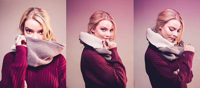 Anya Taylor-Joy, attrice, donne, sfondo semplice, collage, bionda, maglione, sciarpa, Sfondo HD HD wallpaper