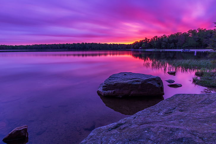 dawn, lake, lilac, reflection, stones, wood, HD wallpaper