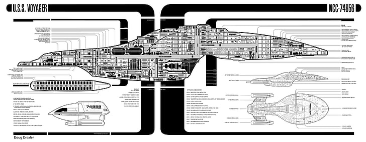черно-белая диаграмма USS Voyager, Star Trek Voyager, Star Trek, USS Voyager, чертежи, HD обои