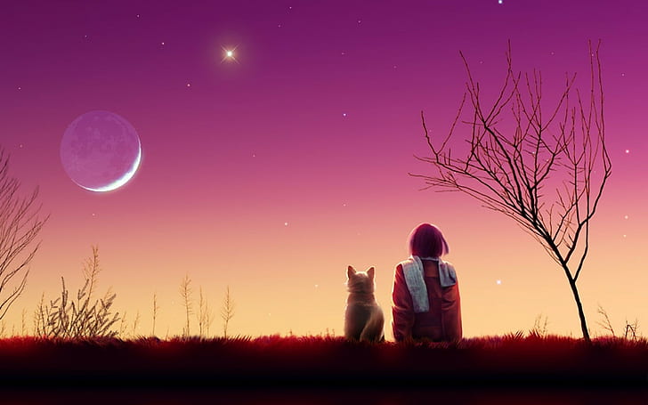 kagaya moon, anime bakgrunder, flicka, katt, solnedgång, natur, HD tapet