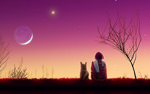 kagaya moon, anime bakgrunder, flicka, katt, solnedgång, natur, HD tapet HD wallpaper