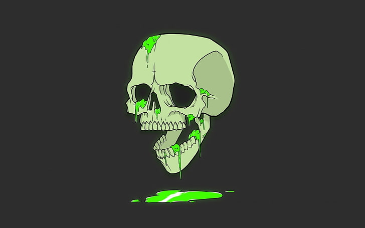 caveira humana com líquido verde ilustração animada caveira ossos ossos arte humor humor minimalismo verde fundo cinza, HD papel de parede