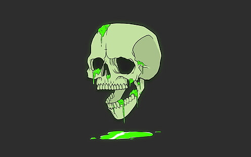 caveira humana com líquido verde ilustração animada caveira ossos ossos arte humor humor minimalismo verde fundo cinza, HD papel de parede HD wallpaper