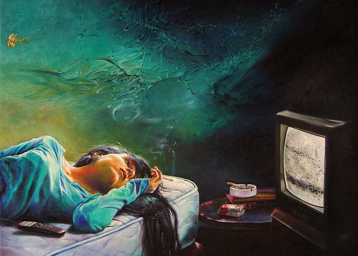 Grafik, Malerei, Frauen, Fernsehen, Zigaretten, lange Haare, Rauchen, HD-Hintergrundbild
