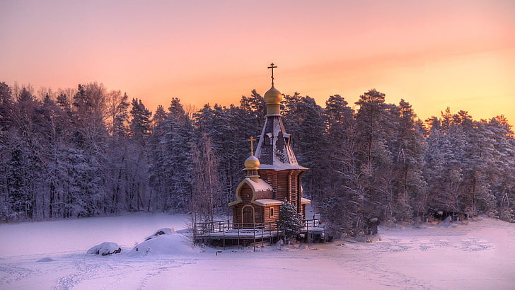 winter, snow, chapel, church, russia, vuoksi, river, leningrad, ice, church of st. andrew, church of st andrew, HD wallpaper