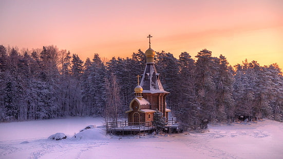 winter, snow, chapel, church, russia, vuoksi, river, leningrad, ice, church of st. andrew, church of st andrew, HD wallpaper HD wallpaper