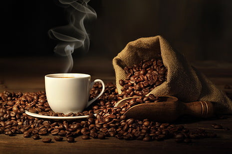coffee bean lot, coffee, grain, couples, Cup, drink, bag, saucer, HD wallpaper HD wallpaper