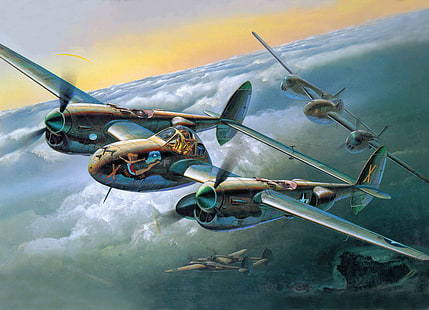 회색 비행기 그림, 비행기, 전투기, 예술, 폭격기, 번개, P-38J, WW2., HD 배경 화면 HD wallpaper
