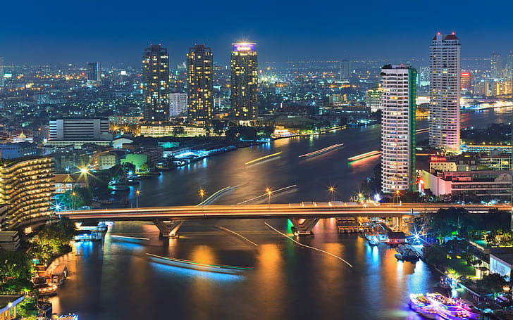 Bangkok, Tailândia, noite da cidade, rio, luzes, ponte, barco, edifícios, fotografia do horizonte da cidade, Bangkok, Tailândia, Cidade, Noite, rio, luzes, ponte, barco, edifícios, HD papel de parede