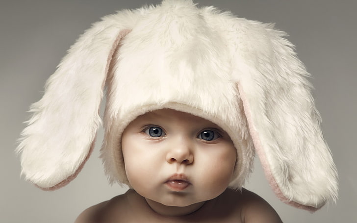 baby's white rabbit-themed aviator hat, baby, face, HD wallpaper