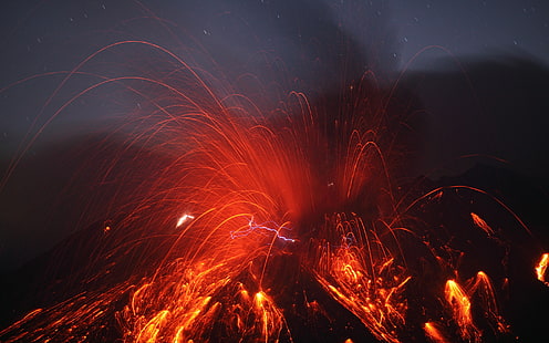 Изригване на вулкан Sakurajima, изпръскване на магма, Япония, Sakurajima, вулкан, изригване, Magma, Splash, HD тапет HD wallpaper