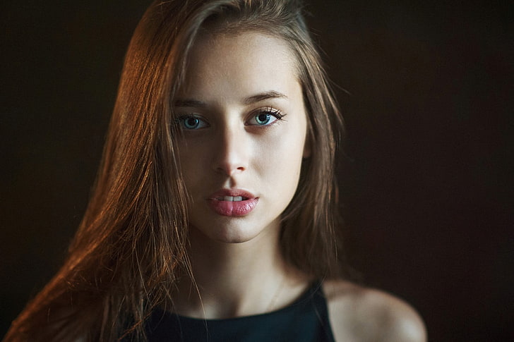 women's pink lipstick, women, model, Olesya Grimaylo, face, portrait, simple background, Maxim Maximov, blue eyes, brunette, HD wallpaper