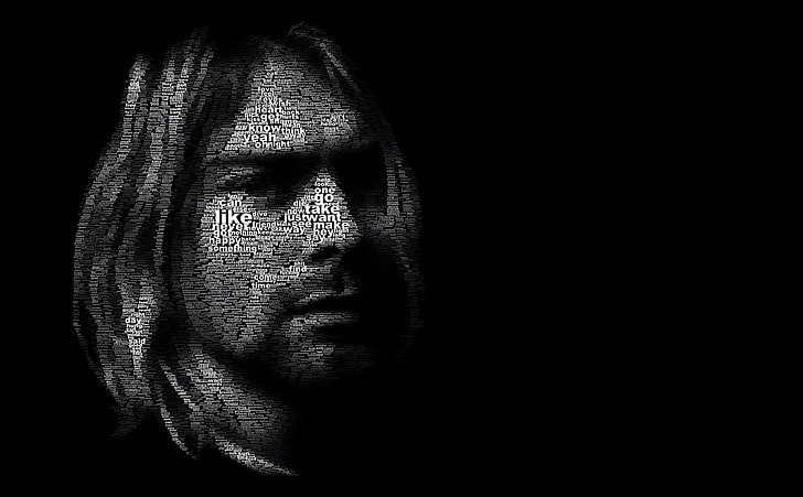 Portrait de Kurt Cobain, nuage de mot Kurt Cobain, artistique, typographie, Portrait, Kurt, Cobain, Fond d'écran HD