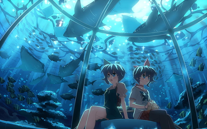 две женщины подводные вымышленные персонажи цифровые обои, девушки, аквариум, рыбки, интерес, страх, HD обои