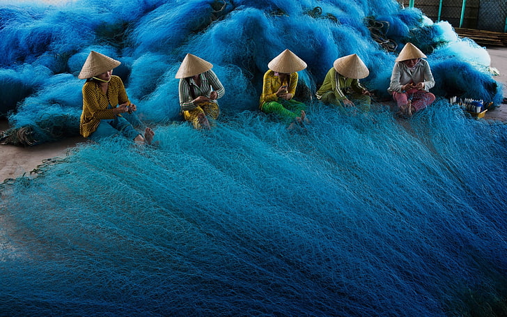 Fotografie für fünf Personen, Frauen, Vietnamesen, Vietnam, Angeln, Fischernetze, nón lá, bunt, HD-Hintergrundbild