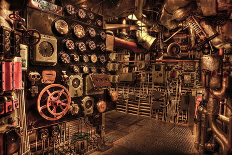 roda kemudi merah, pipa, gaya, kapal, steampunk, katup, mekanisme, sensor, kapal perang, Wallpaper HD HD wallpaper