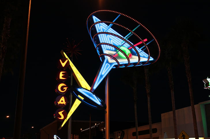 Las Vegas, neon, skyltar, natt, cyan, HD tapet