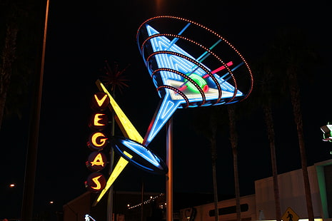 Лас-Вегас, неон, вывески, ночь, голубой, HD обои HD wallpaper