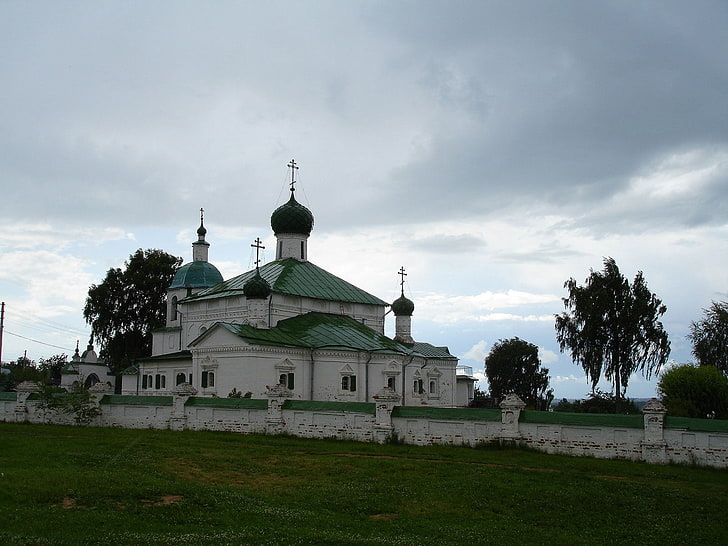biało-turkusowa katedra, kostroma, rosja, katedra, biel, niebo, trawa, Tapety HD