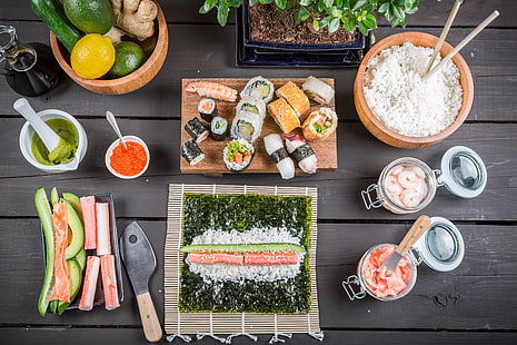 миски суши, еда, роллы, суши, японская кухня, продукты, кулинария, HD обои HD wallpaper