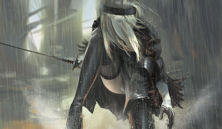 gray-haired woman holding sword anime, NieR, thigh-highs, silver hair, sword, gloves, weapon, armor, boots, rain, solo, Nier: Automata, WLOP, HD wallpaper