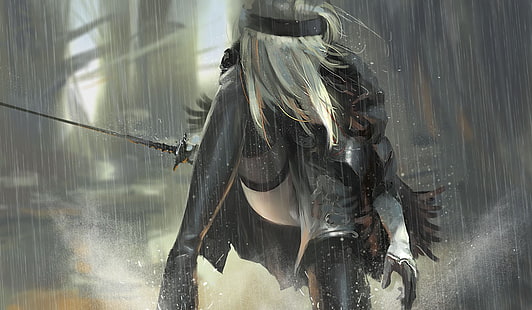 gray-haired woman holding sword anime, NieR, thigh-highs, silver hair, sword, gloves, weapon, armor, boots, rain, solo, Nier: Automata, WLOP, HD wallpaper HD wallpaper