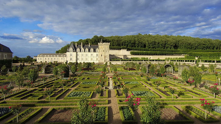 Garden At Chateau De Villry, white castle with flower garden, forest, chateau, garden, flowers, clouds, nature and landscapes, HD wallpaper