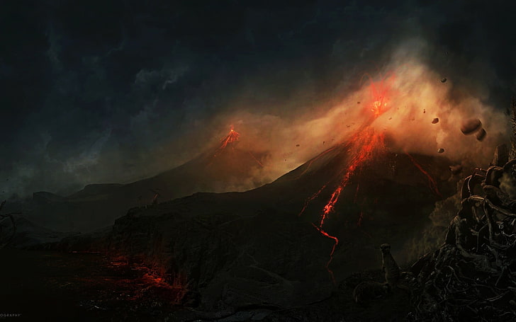 ilustração de erupção do vulcão, arte digital, trabalho artístico, natureza, paisagem, vulcão, HD papel de parede