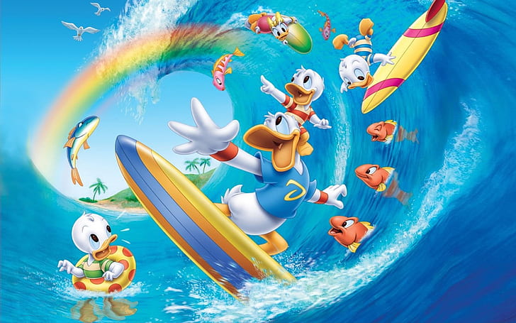 Walt Disney Donald Duck Summer Surf Beach Sea Fish Cartoon Pictures Desktop Wallpaper Hd за мобилни телефони и лаптопи 2560 × 1600, HD тапет