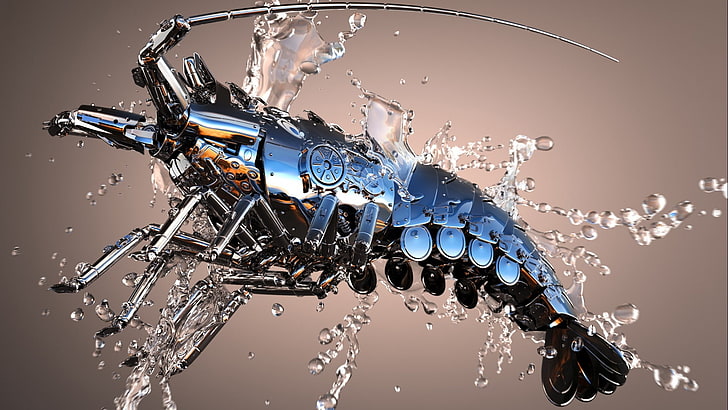 blue and grey crayfish, digital art, animals, CGI, render, splashes, metal, water drops, simple background, lobsters, reflection, crayfish, HD wallpaper