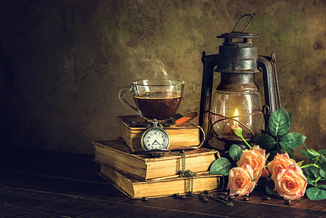 Фотография, натюрморт, книга, фонарь, карманные часы, роза, чай, HD обои HD wallpaper