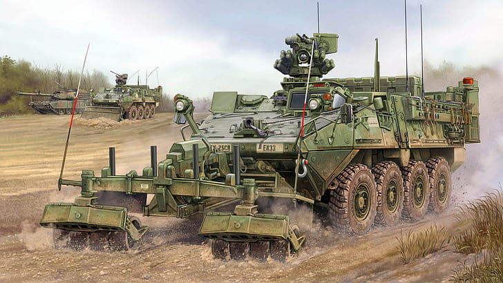 APC, Stryker, ESV, wojskowy pojazd bojowy, pojazd wsparcia inżyniera, maszyna do usuwania przeszkód inżynieryjnych, pojazd inżynieryjny, M1132, Tapety HD