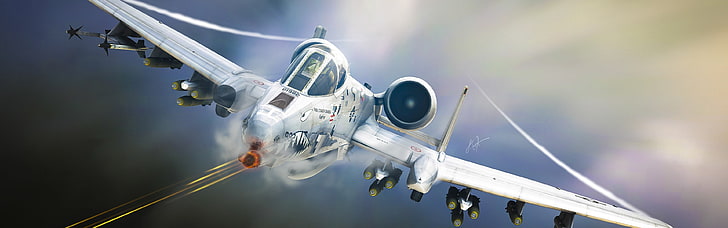 white aircraft digital wallpaper, Fairchild A-10 Thunderbolt II, aircraft, military aircraft, artwork, dual monitors, multiple display, HD wallpaper