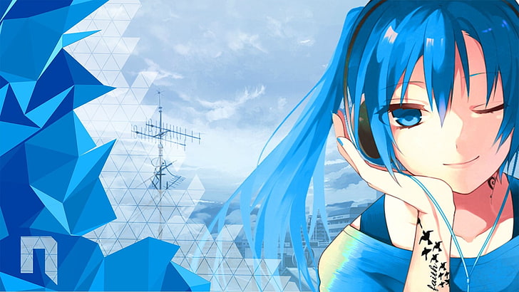 anime, gadis anime, rambut biru, mata biru, headphone, Wallpaper HD