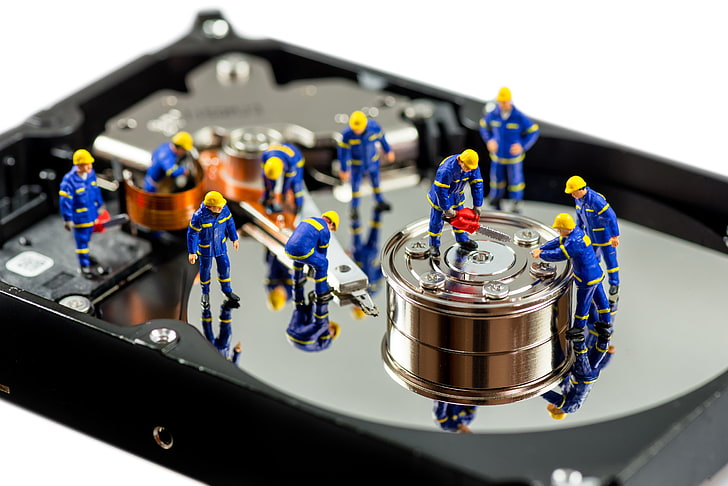 miniature figure of men working, doll, cleaning, Hard drives, PCB, HD wallpaper