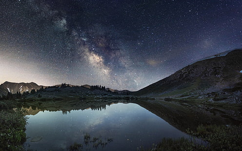 Galaxy Milky Way Night Stars Lake Reflection Landscape HD, ธรรมชาติ, ทิวทัศน์, กลางคืน, ดาว, ทะเลสาบ, การสะท้อน, กาแล็กซี่, ทาง, ทางช้างเผือก, วอลล์เปเปอร์ HD HD wallpaper