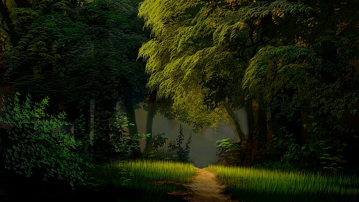 nature, path, forest path, green, forest, woodland, fantasy landscape, trees, artistic, art, artwork, painting art, painting, HD wallpaper