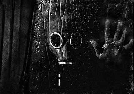 gråskalefoto av mannen som bär mask, droppar, glas, hand, strålning, gasmask, Stalker, S.T.A.L.K.E.R, HD tapet HD wallpaper